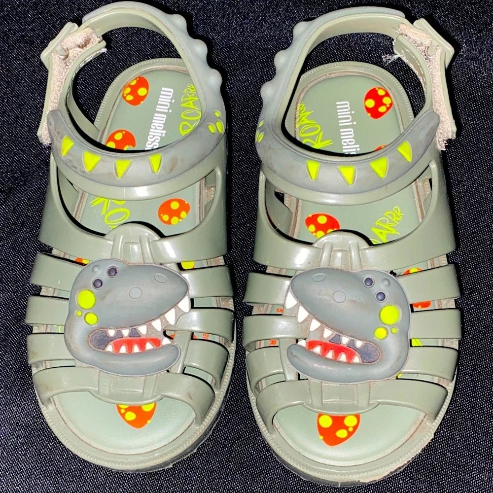Mini Melissa Kids ARMY GREEN SIZE 10 HOOK LOOP‎ STRAP Dinosaur Sandals EUC CLEAN
